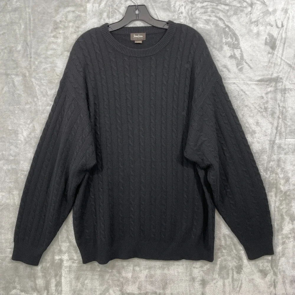 Vintage Neiman Marcus 100% Cashmere Cable Knit Sweater‎ Mens XXL Black Crewneck